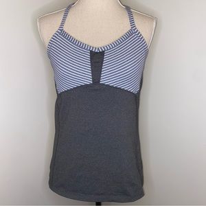 Athleta gray & blue striped T-strap tank top w/ built in bra size Large